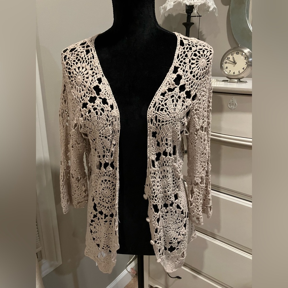 Newport News Cream Cardigan with Intricate Lace Pattern